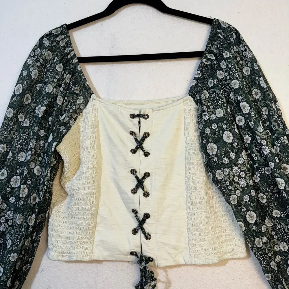 Anthropologie Forever That Girl Smocked Balloon Sleeve Blouse Back Lace Up Med.